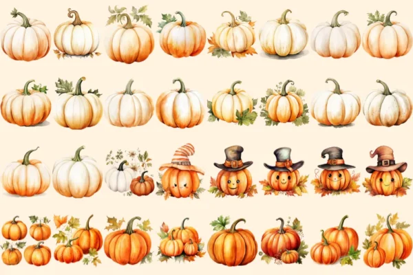 Pumpkin Watercolor Clipart Bundle - 205+ transparent PNG, Autumn pumpkin illustrations, Halloween art png, Commercial use, Digital download