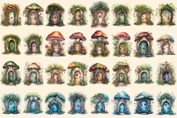 Forest Fairy Doors Watercolor Clipart Bundle - 210+ transparent PNG, Whimsical storybook png, Forest doors, Commercial use, Digital download