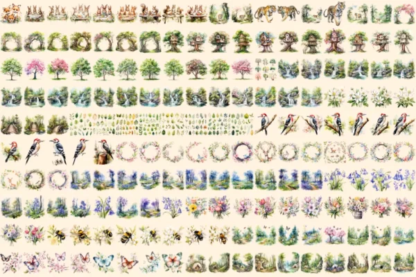 Spring Woodland Watercolor Clipart Bundle - 1185+ transparent PNG, Spring forest graphics, Warm nature png, Commercial use, Digital download