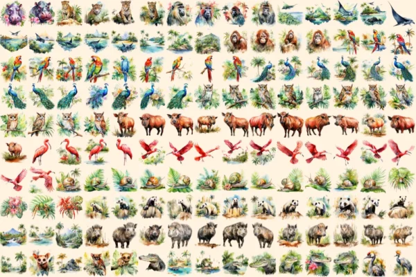 Tropical Animals Watercolor Clipart Bundle - 1030+ transparent PNG, Wild animal illustrations, Jungle png, Commercial use, Digital download
