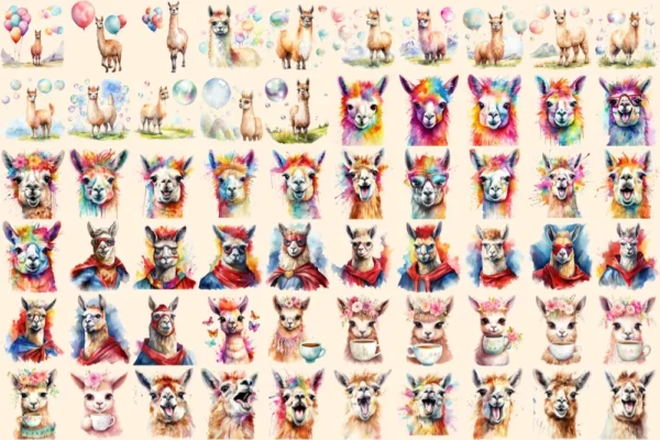 Llamas Watercolor Clipart Bundle - 400+ transparent PNG, Charming alpaca illustrations, Cyte llama images, Commercial use, Digital download
