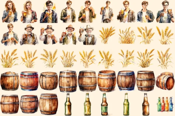 Beer Watercolor Clipart Bundle - 305+ transparent PNG, Craft beer illustrations, Lager and ale png images, Commercial use, Digital download