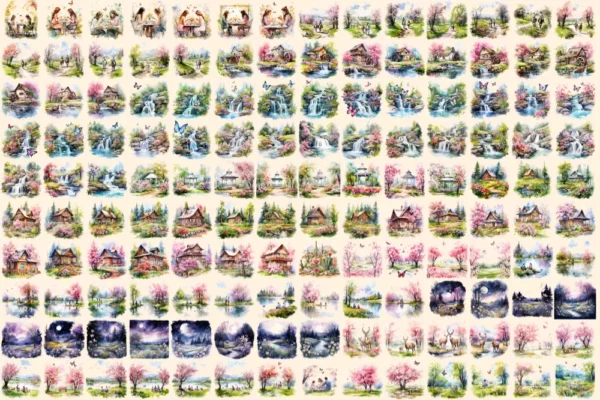 Spring Landscapes Watercolor Clipart Bundle - 927+ transparent PNG, Beautiful landscape images, Nature png, Commercial use, Digital download