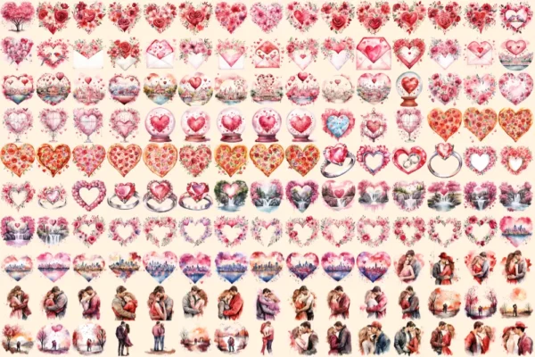Valentine's Day Watercolor Clipart Bundle - 1000+ transparent PNG, Charming heart illustrations, Love png, Commercial use, Digital download