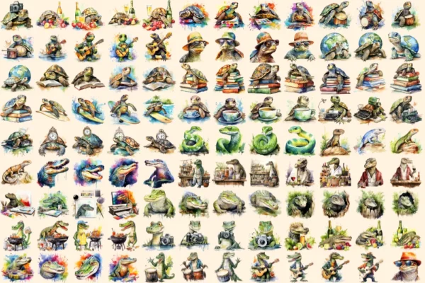 Reptiles Watercolor Clipart Bundle - 705+ transparent PNG, Lizard beast illustrations, Textured reptile png, Commercial use,Digital download