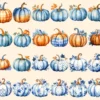 Blue Fall Watercolor Clipart Bundle - 205+ transparent PNG, Autumn harvest graphics, Rustic pumpkin floral, Commercial use, Digital download