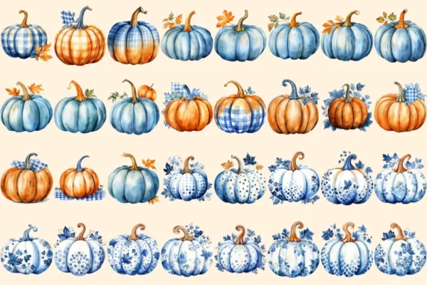 Blue Fall Watercolor Clipart Bundle - 205+ transparent PNG, Autumn harvest graphics, Rustic pumpkin floral, Commercial use, Digital download