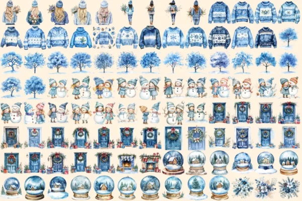 Hello Winter Watercolor Clipart Bundle - 700+ transparent PNG, Cozy winter graphics, Frosty blue holiday, Commercial use, Digital download