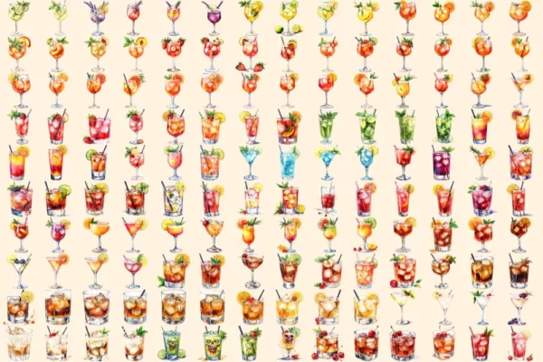 Cocktail Watercolor Clipart Bundle - 970+ transparent PNG, Celebration drinks graphics, Champagne clipart, Commercial use, Digital download