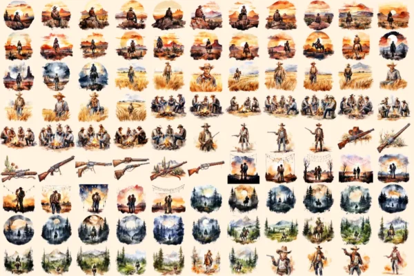 Cowboy Watercolor Clipart Bundle - 650+ transparent PNG, Frontier cowboy illustrations, Wild west rodeo, Commercial use, Digital download