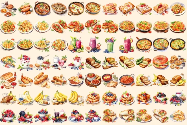Breakfast Foods Watercolor Clipart Bundle - 500+ transparent PNG, Breakfast plate graphics, Early meal png, Commercial use, Digital download