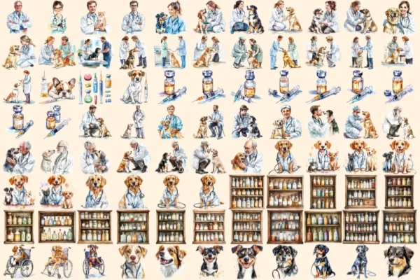 Veterinary Watercolor Clipart Bundle - 600+ transparent PNG, Veterinary care illustrations, Pet health png, Commercial use, Digital download