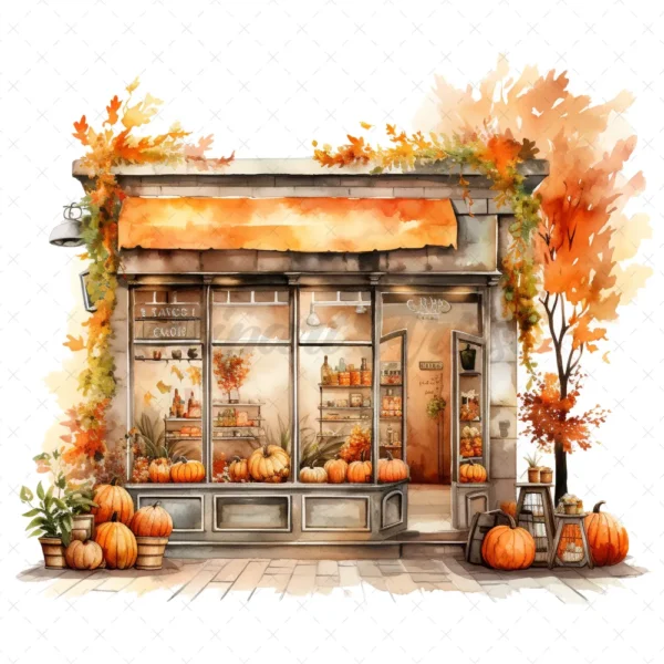 20 High-Quality Autumn Storefront Clipart - Autumn storefront digital watercolor JPG instant download for commercial use - Digital download