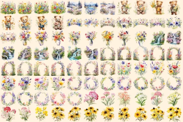 Wildflowers Watercolor Clipart Bundle - 604+ transparent PNG, Blooming wildflower graphics, Spring nature, Commercial use, Digital download
