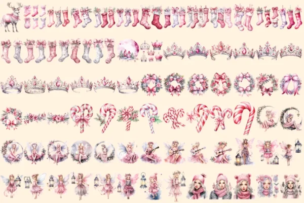 Pink & Silver Christmas Watercolor Clipart Bundle - 503+ transparent PNG, Xmas winter images, Festive png, Commercial use, Digital download