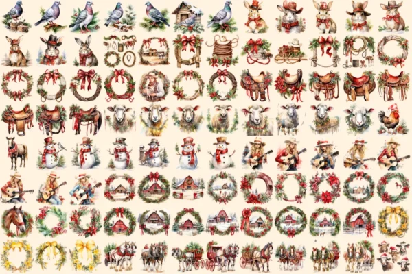 Christmas Ranch Clipart Bundle - 660+ transparent PNG, Holiday farm graphics, Festive christmas ranch art, Commercial use, Digital download
