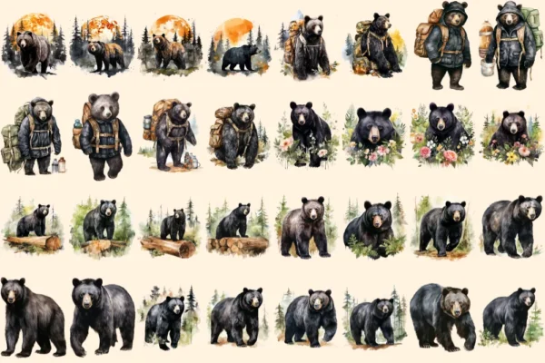 Black Bears Clipart Bundle - 200+ transparent PNG, Woodland creature illustrations, Majestic bear graphics, Commercial use, Digital download