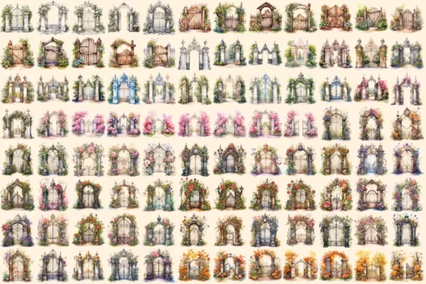 Garden Gates Watercolor Clipart Bundle - 660+ transparent PNG, Whimsical doorway illustrations, Door png, Commercial use, Digital download