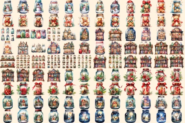 Christmas Magical Jars Watercolor Clipart Bundle - 710+ transparent PNG, Holiday jar png, Festive jar art, Commercial use, Digital download