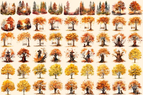 Autumn Trees Watercolor Clipart Bundle - 368+ transparent PNG, Rustic seasonal foliage art, Fall tree png, Commercial use, Digital download