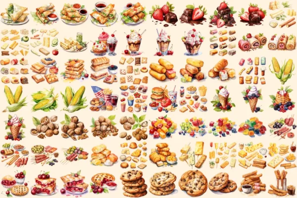 Snacks Watercolor Clipart Bundle - 470+ transparent PNG, Delicious snack variety graphics, Fast food png, Commercial use, Digital download