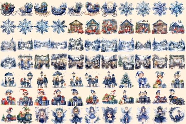 Navy Christmas Watercolor Clipart Bundle - 510+ transparent PNG, Festive decor graphics, Blue holiday png, Commercial use, Digital download
