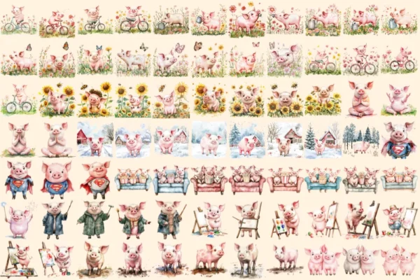 Pigs Watercolor Clipart Bundle - 512+ transparent PNG, Charming pig illustrations, Rustic farm animal art, Commercial use, Digital download