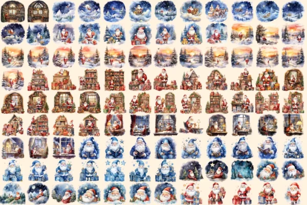 Santa Claus Watercolor Clipart Bundle - 750+ transparent PNG, Cheerful santa illustrations, Holiday images, Commercial use, Digital download