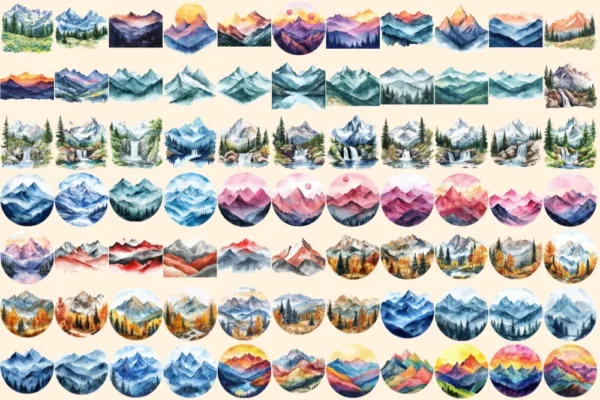 Mountain Landscapes Watercolor Clipart Bundle - 503+ transparent PNG, Majestic mountain images, Alpine png, Commercial use, Digital download