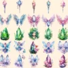 Fairy Crystals Watercolor Clipart Bundle - 220+ transparent PNG, Enchanting fairy images, Cute storybook, Commercial use, Digital download