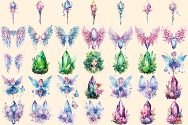 Fairy Crystals Watercolor Clipart Bundle - 220+ transparent PNG, Enchanting fairy images, Cute storybook, Commercial use, Digital download