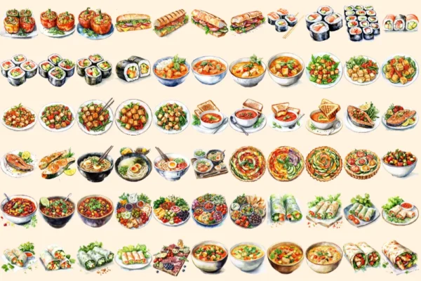 Lunch Foods Watercolor Clipart Bundle - 450+ transparent PNG, Midday feast graphics, Lunchtime meal images, Commercial use, Digital download