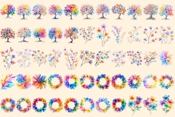 Rainbow Flowers Watercolor Clipart Bundle - 380+ transparent PNG, Vibrant flower graphics, Blossom png, Commercial use, Digital download