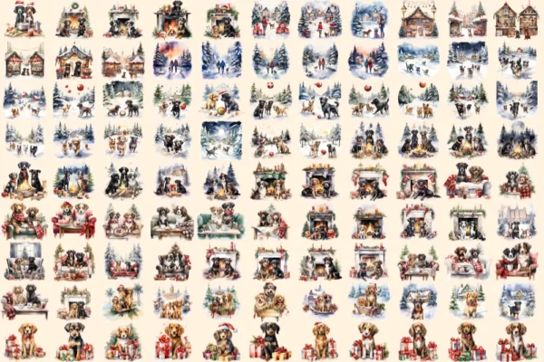Christmas Dogs Watercolor Clipart Bundle - 680+ transparent PNG, Cozy festive dog graphics, Holiday pup art,Commercial use, Digital download