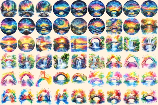 Rainbow Bridges Watercolor Clipart Bundle - 352+ transparent PNG, Colorful archway images, Vibrant bridge, Commercial use, Digital download