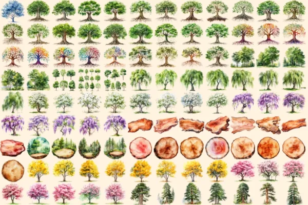 Trees Watercolor Clipart Bundle - 738+ transparent PNG, Scenic tree and landscape graphics, Green nature, Commercial use, Digital download