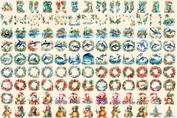 Tropical Christmas Watercolor Clipart Bundle - 790+ transparent PNG, Exotic tropic holiday image,Festive png,Commercial use,Digital download