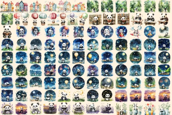 Pandas Watercolor Clipart Bundle - 760+ transparent PNG, Charming panda graphics, Bamboo-loving bear png, Commercial use, Digital download