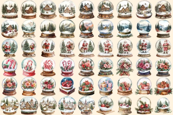 Christmas Snow Globes Watercolor Clipart Bundle - 348+ transparent PNG, Holiday cheer graphics, Cozy winter, Commercial use,Digital download