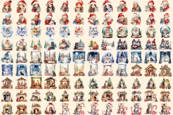 Christmas Cats Watercolor Clipart Bundle - 721+ transparent PNG, Holiday cat images, Cozy festive kitty png, Commercial use,Digital download