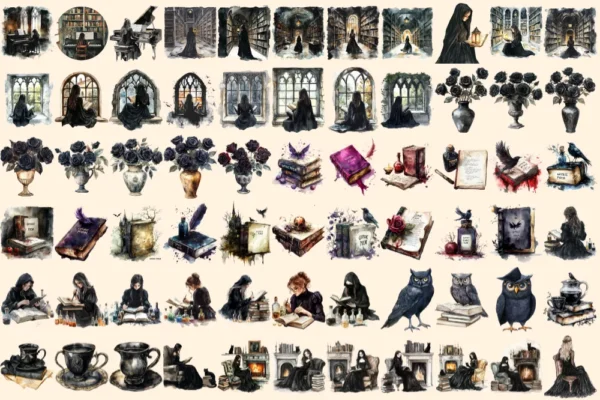 Gothic Academia Watercolor Clipart Bundle - 443+ transparent PNG, Academic mystery images, Gothic study png, Commercial use,Digital download