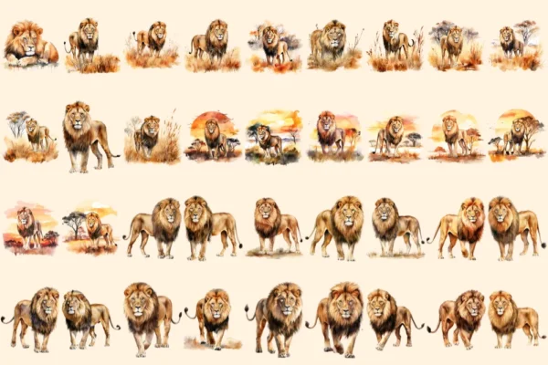 Lions Watercolor Clipart Bundle - 248+ transparent PNG, Savanna lion illustrations, Regal wildlife graphics, Commercial use,Digital download