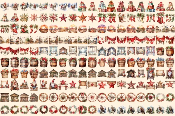 Western Christmas Watercolor Clipart Bundle - 1140+ transparent PNG, Festive western graphics, Cowboy png, Commercial use, Digital download