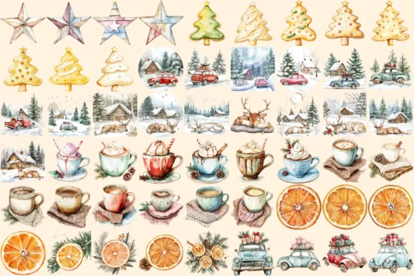 Rustic Christmas Watercolor Clipart Bundle - 348+ transparent PNG, Warm holiday scenes, Rustic x-mas images, Commercial use,Digital download