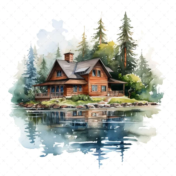 19 High-Quality Lake House Clipart - Lake house digital watercolor JPG instant download for commercial use - Digital download