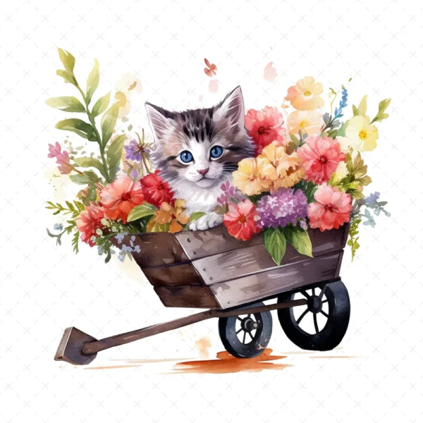 20 High-Quality Floral Wheelbarrow Clipart - Cat wheelbarrow digital watercolor JPG instant download for commercial use - Digital download