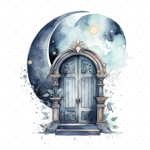 17 High-Quality Moon Doors Clipart - Moon doors digital watercolor JPG instant download for commercial use - Digital download