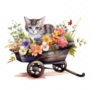 20 High-Quality Floral Wheelbarrow Clipart - Cat wheelbarrow digital watercolor JPG instant download for commercial use - Digital download