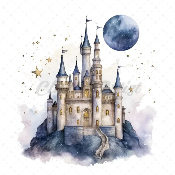 21 High-Quality Night Fantasy Castles Clipart - Night castles digital watercolor JPG instant download for commercial use - Digital download