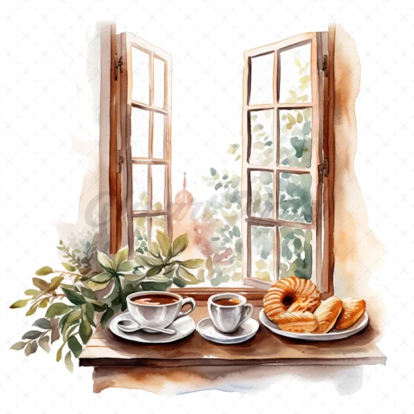 18 High-Quality Morning Coffee Windows Clipart - Morning window digital JPG instant download for commercial use - Digital download